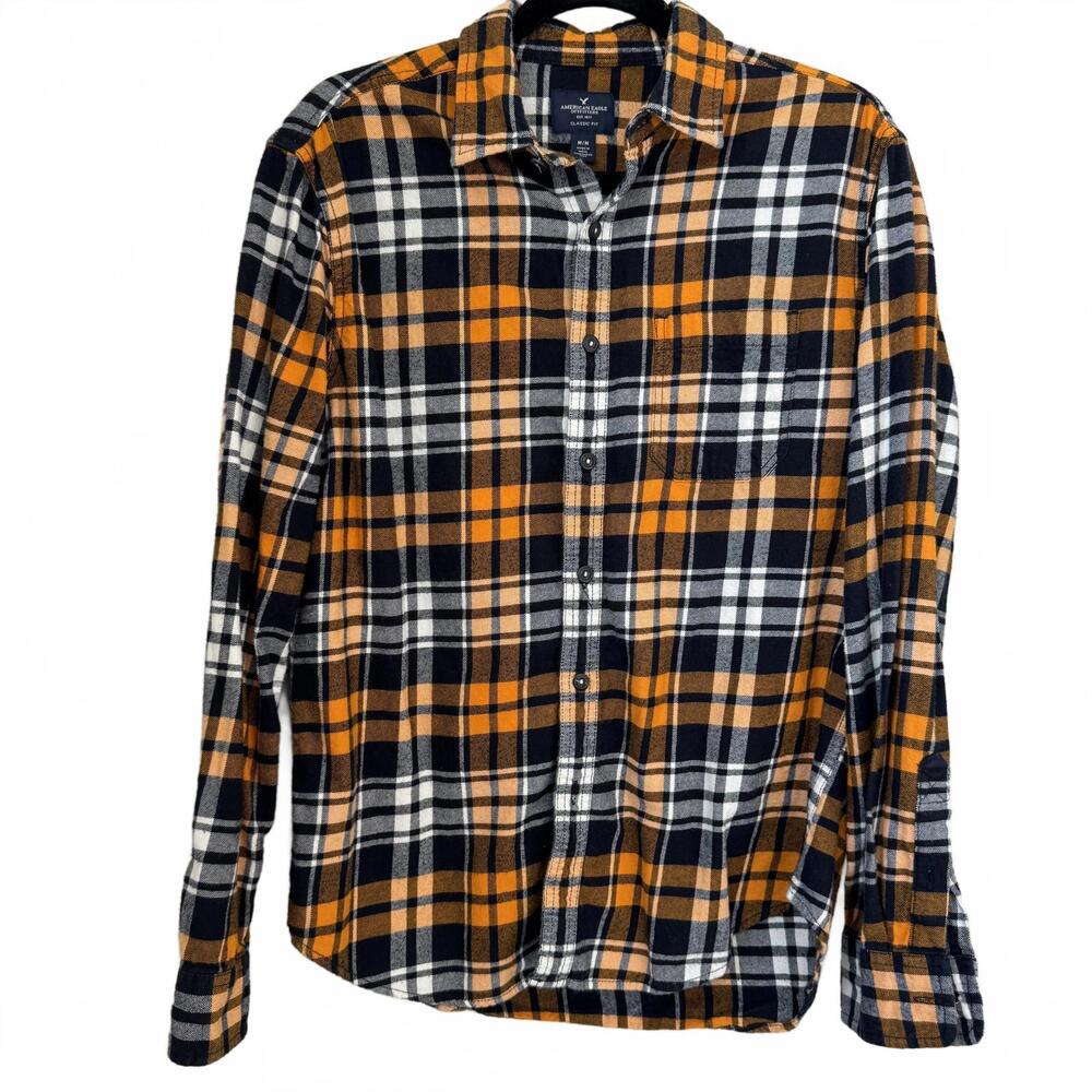 American Eagle Classic Fit Plaid Shirt -‎ Black and Orange - Medium